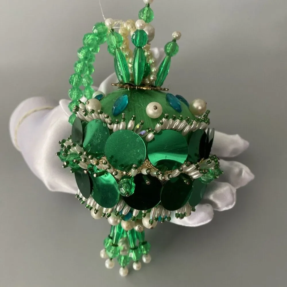 Vintage Christmas Green Beaded Push Pin Satin Ball Ornament Large Handmade Fancy
